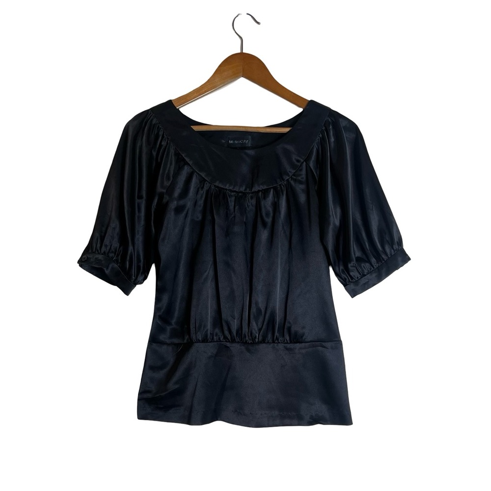 Metrocity black satin short‎ sleeve blouse. Size small